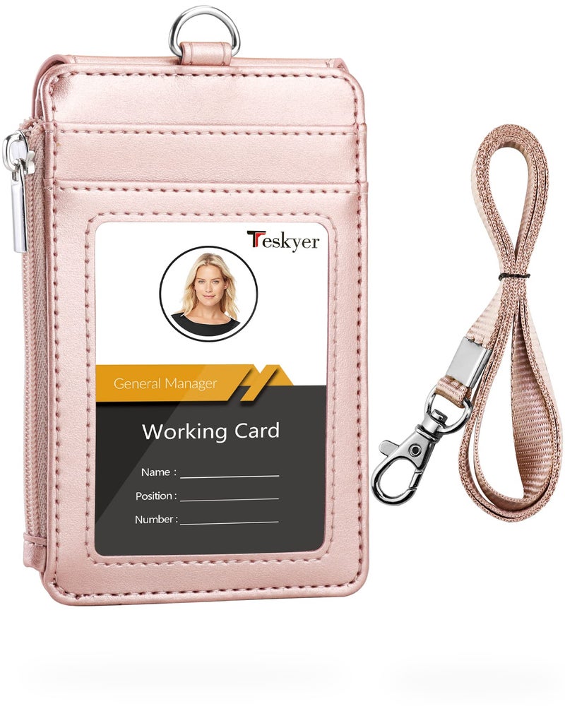 Teskyer Badge Holder with Side Zip Pocket  Multiple Card Slots Leather ID Holder Wallet with Neck Lanyard for Office Staffs  Teachers/Students  Couriers  Workers  Rose Gold - Image 1